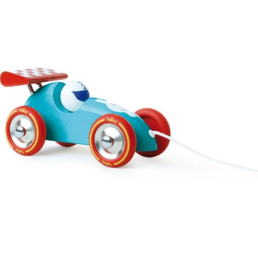 Voiture de course en bois à trainer - Turquoise et rouge - Vilac