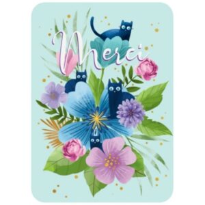 CARTE POSTALE MERCI CHATS ET FLEURS + ENVELOPPE