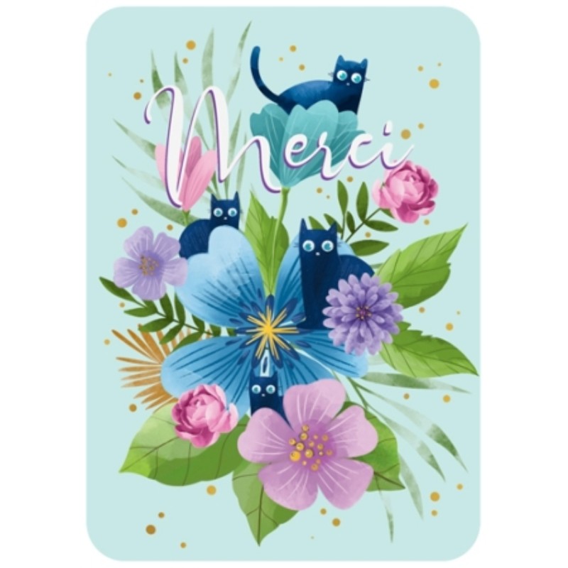 CARTE POSTALE MERCI CHATS ET FLEURS + ENVELOPPE