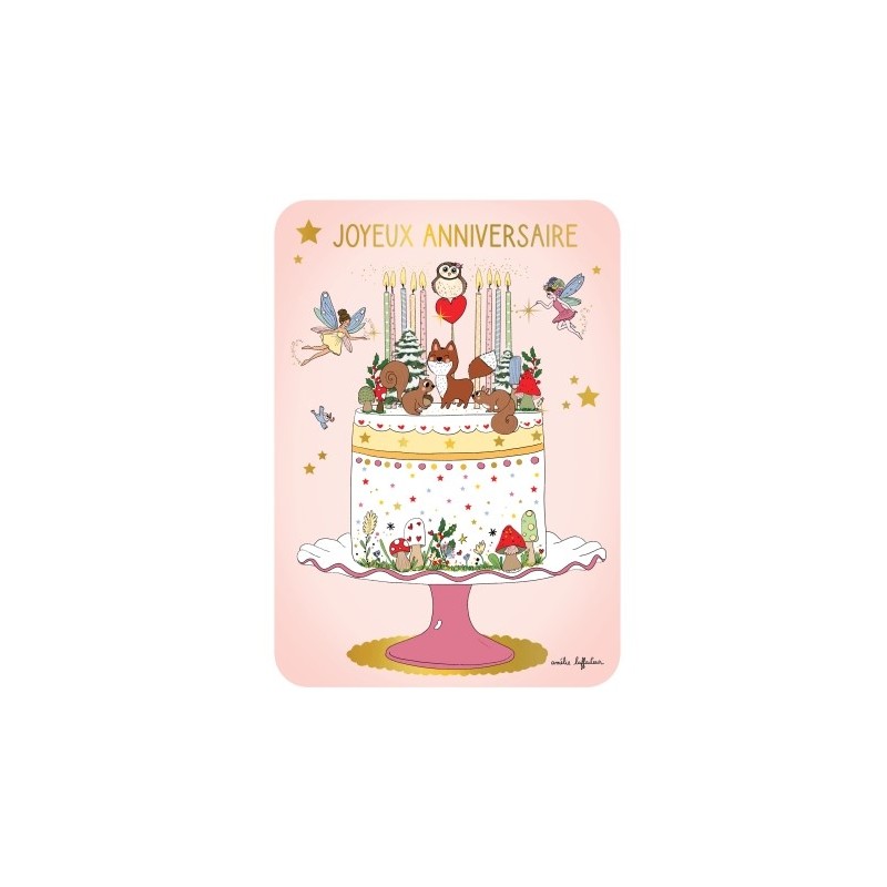 CARTE POSTALE JOYEUX ANNIVERSAIRE GATEAU DE LA FORET + ENVELOPPE