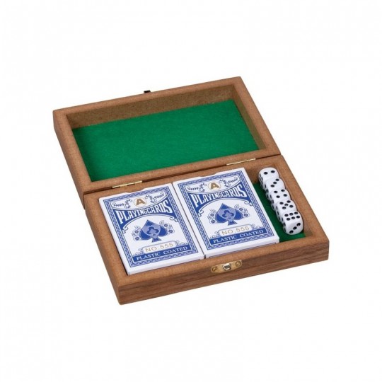 Boîte de jeux, 5 dés et 2 jeux de 54 en bois - goki