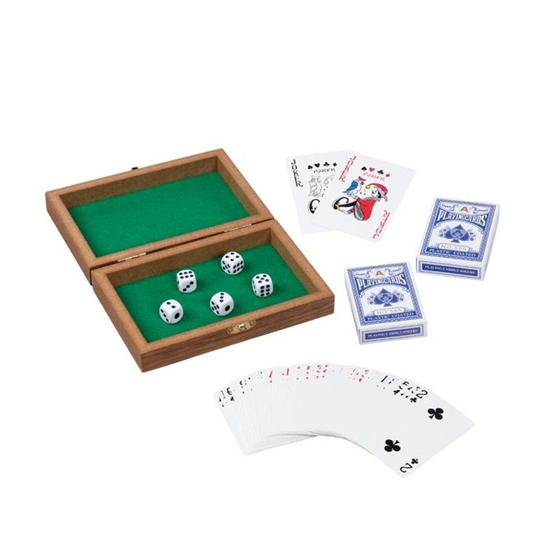 Boîte de jeux, 5 dés et 2 jeux de 54 en bois - goki