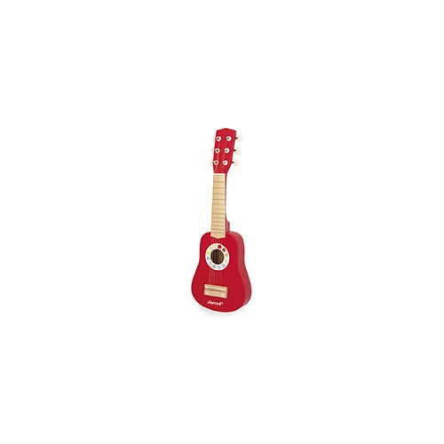 Guitare Confetti Janod rouge en bois, vue de trois quarts