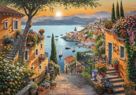 Puzzle-1500-pièces-steps-to-harbor-mer-bateaux-couché-de-soleil-fleurs-clementoni-kidulte-jeux-reves-et-jouets